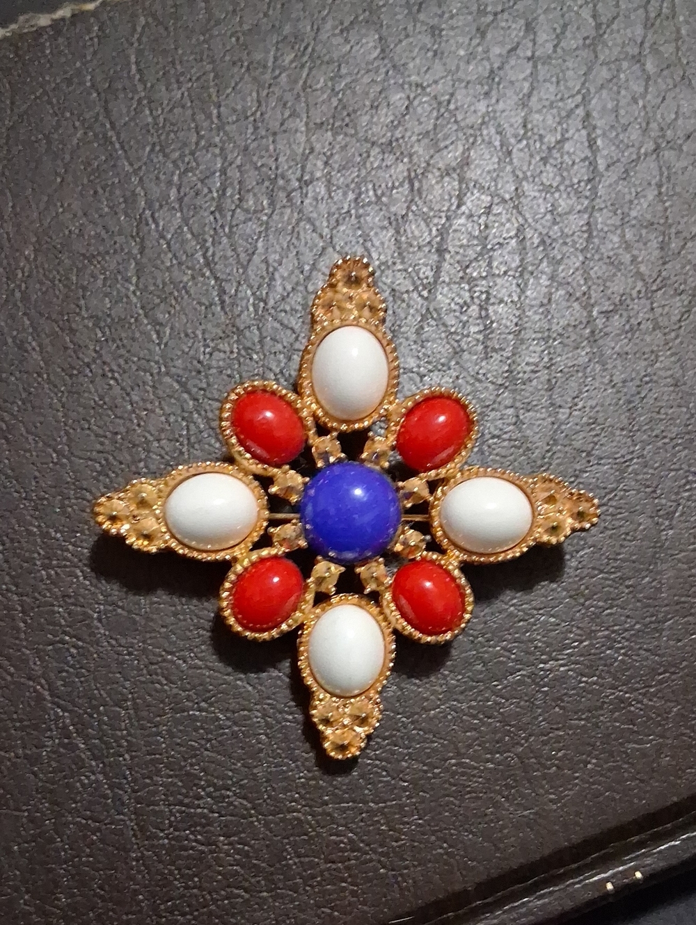 Sarah Coventry Gold-Tone Cross Brooch with Blue, Red & White Cabochons